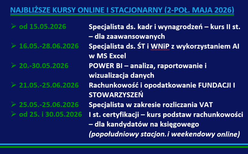 Serdecznie zapraszamy❗ do uczestnictwa w najbliższych KURSACH online i stacjonarnym – 2-poł. MAJA 2026👍💻👩‍🎓👨‍🎓😊